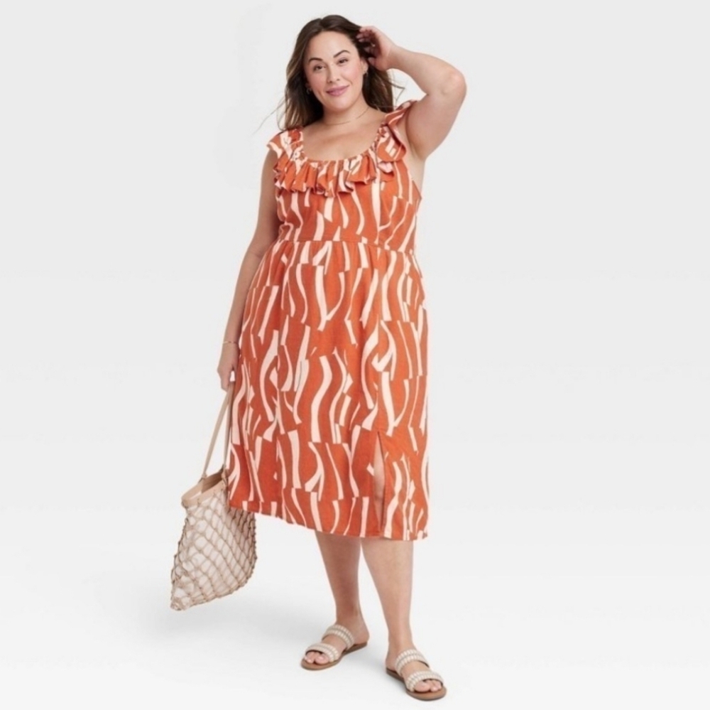 Ava & Viv Linen Blend Abstract Rust Ruffle Midi Dress Smocked Back Rayon Cruise